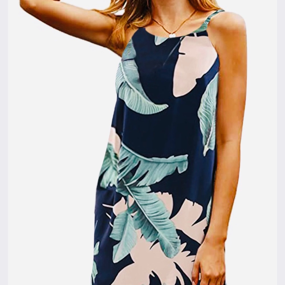 HOUNT Summer Dress  . Navy Blue With Pastel Pink, green colors. Size LARGE
